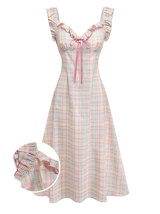 Robe trapèze à carreaux pastel avec nœuds à volants et décolleté en cœur pour un style vintage années 50