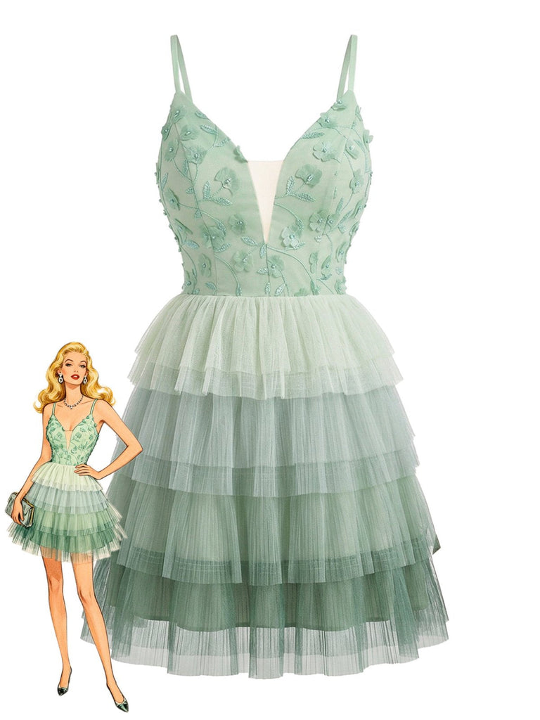 Robe gâteau en tulle à plusieurs couches, vue de face, avec jupe à volants étagée