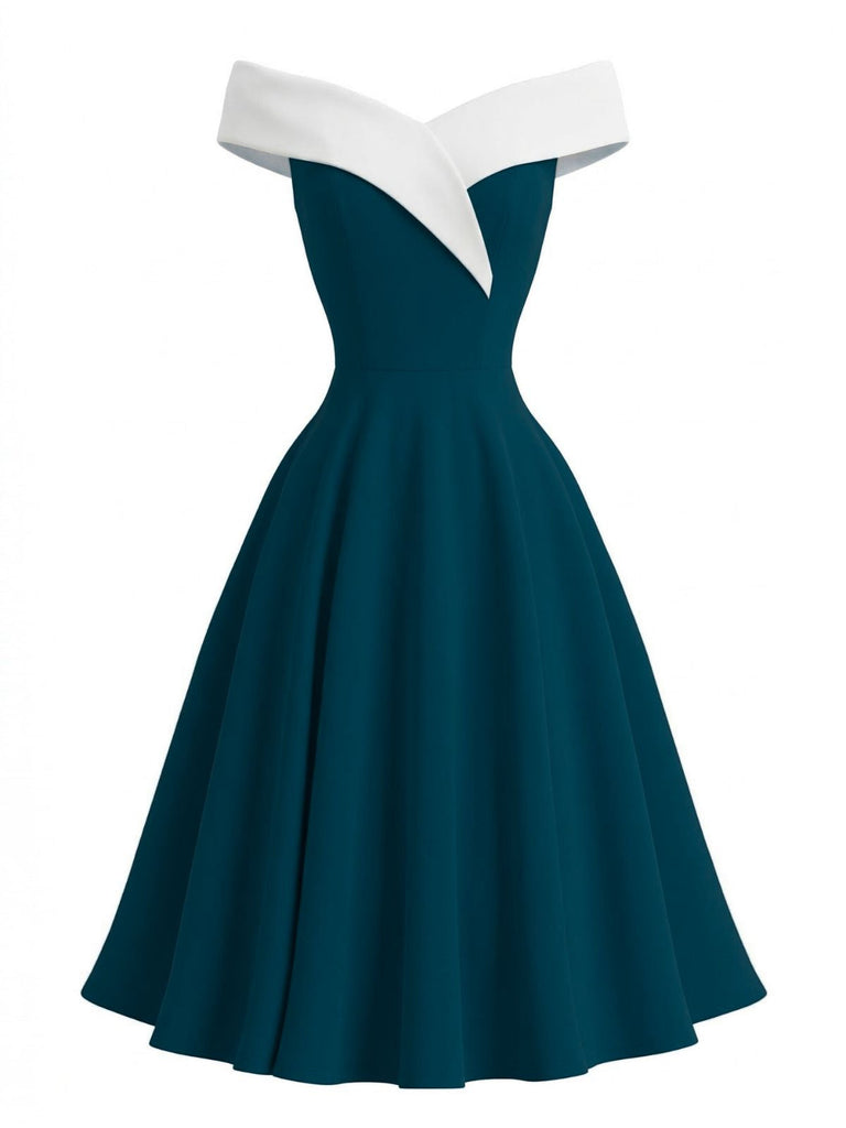 Robe turquoise avec haut blanc à épaules dénudées sur fond blanc