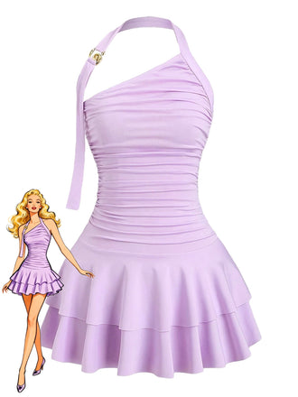 Robe violette dos nu à volants et détails métalliques années 60