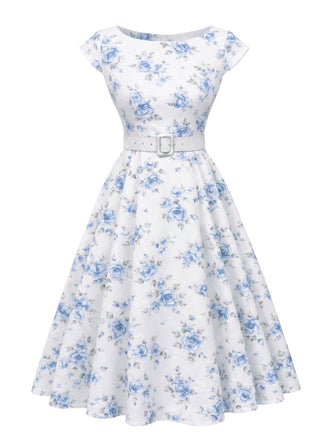 [Prévente] Robe Blanche Imprimé Roses Ceinturée années 1950