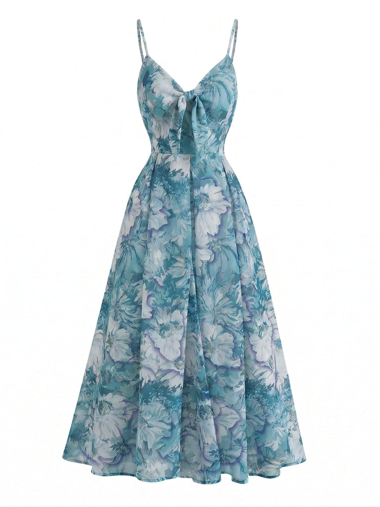 Robe à Bretelles Bohème Col en V Floral Aquarelle Bleu années 30