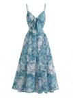 Robe à Bretelles Bohème Col en V Floral Aquarelle Bleu années 30