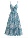 Robe à Bretelles Bohème Col en V Floral Aquarelle Bleu années 30