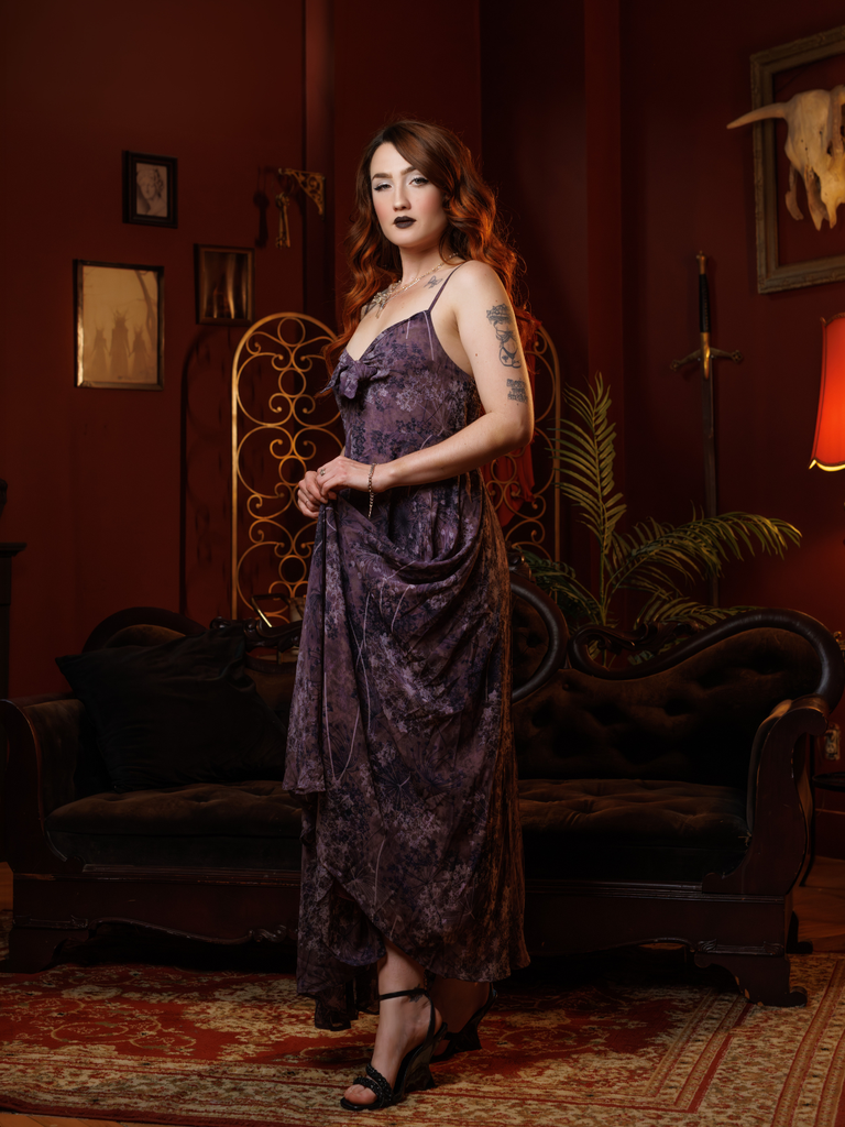 Robe Violet Slip Bohème Col V Fleurs Années 30