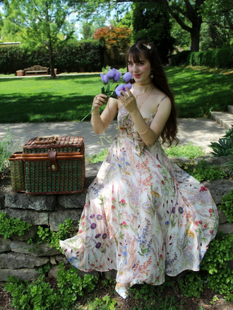 Robe nuisette bohème multicolore à fleurs col V années 1930
