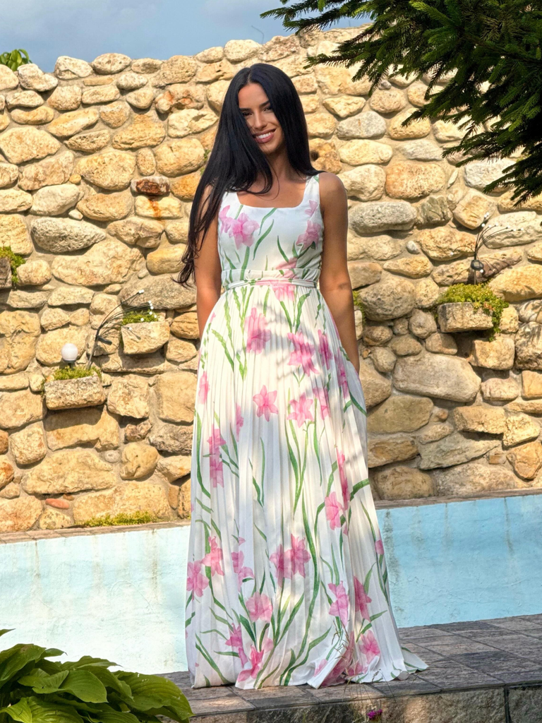 Robe longue blanche sans manches à col rond et imprimé floral années 1930