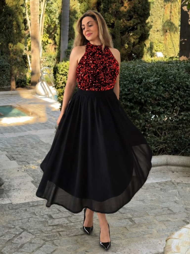 Robe patchwork rouge à paillettes dorées des années 1950