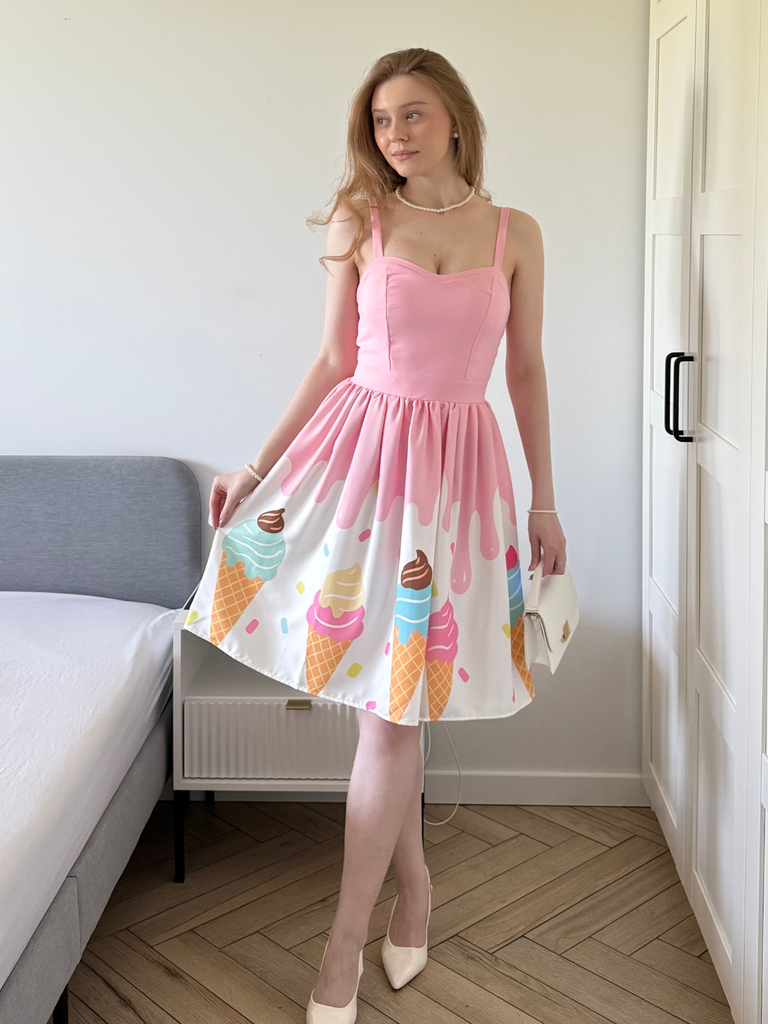 Robe rose col en cœur et motif glace des années 1950