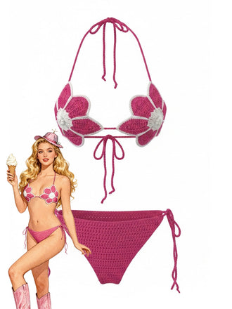 Ensemble Bikini Crochet Floral Fait Main Rouge Rose Années 80