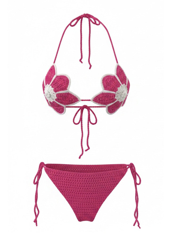 Ensemble Bikini Crochet Floral Fait Main Rouge Rose Années 80