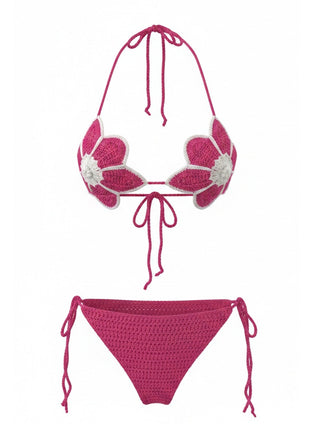 Ensemble Bikini Crochet Floral Fait Main Rouge Rose Années 80