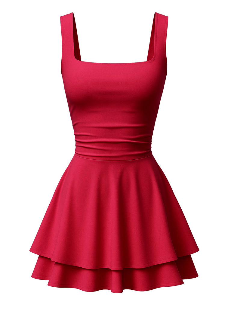 Vue de face en studio d'une mini-robe à volants et col carré d'un rouge éclatant.