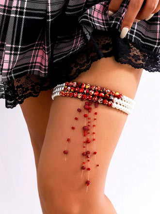 Bague de jambe gothique multicouche avec pendentif en forme de goutte de sang et perles