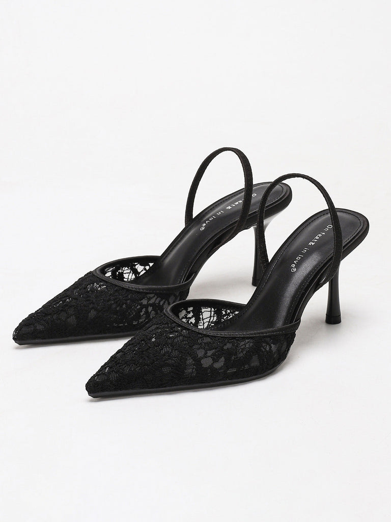 Vintage Noir Bout Pointu Dentelle Bride Arrière Escarpins