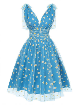 [Prévente] Bleu Marguerite Filet Robe Évasée Années 1950
