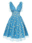 Robe trapèze bleu maille marguerite années 1950