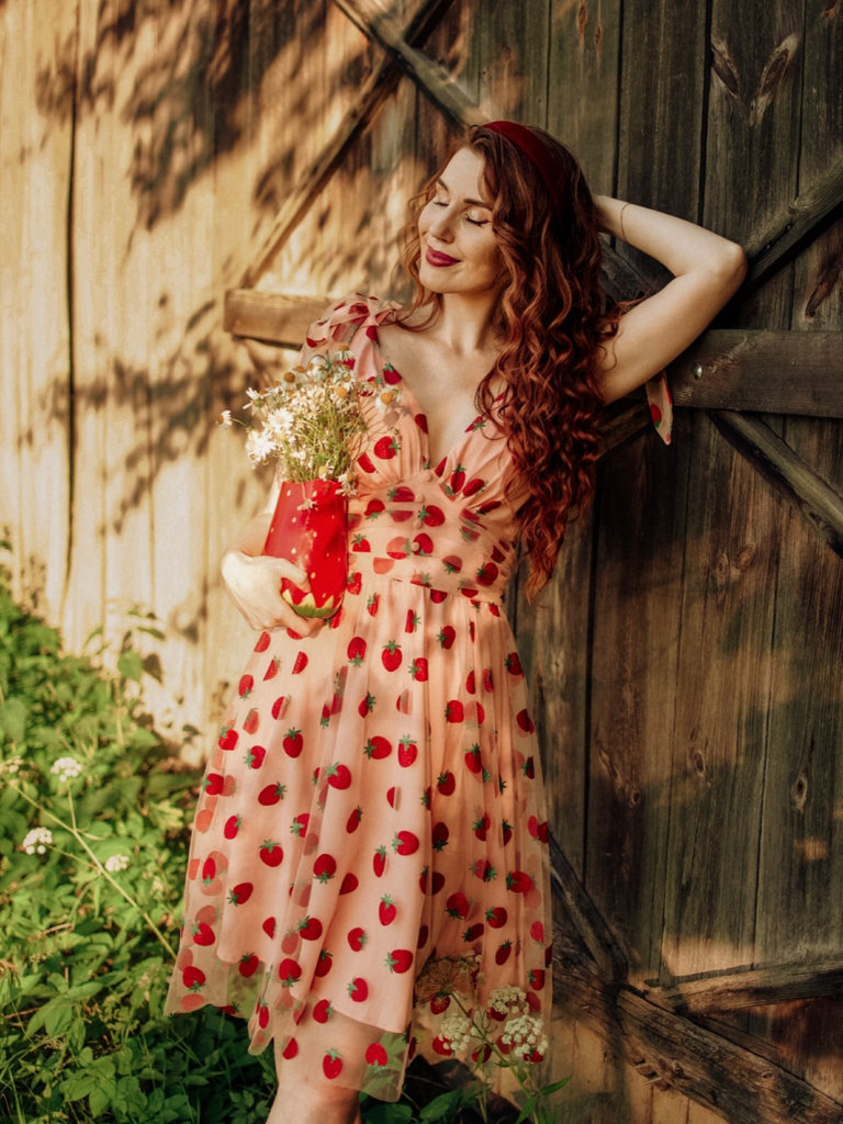 Robe trapèze rose fraise années 1950 en maille