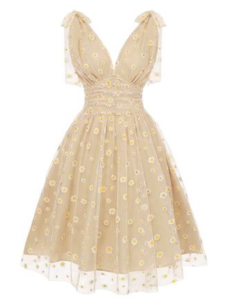 [Prévente] Robe Évasé Filet Marguerite Beige Années 1950