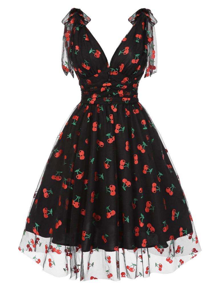 Robe trapèze verte en maille marguerite des années 1950