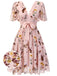 Robe rose à col en V et nœud papillon à fleurs et oiseaux Cocktail Chic