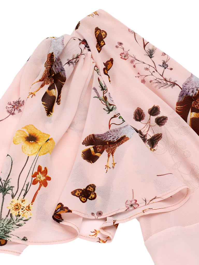 Robe rose à col en V et nœud papillon à fleurs et oiseaux Cocktail Chic