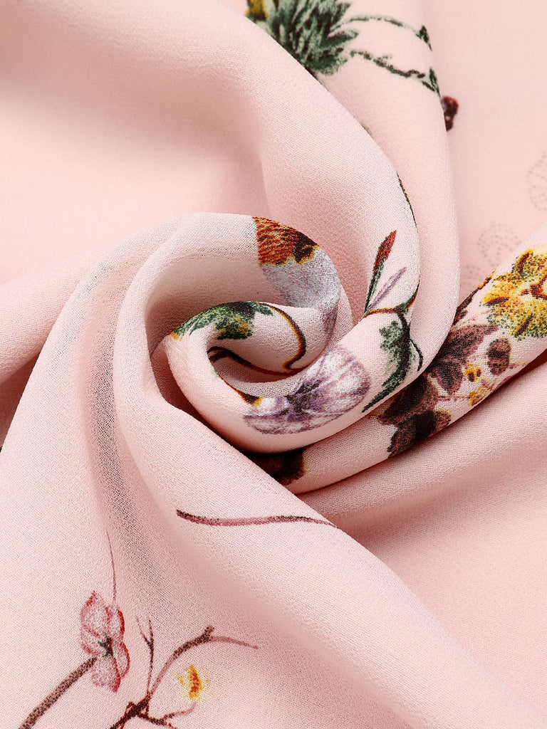 Robe rose à col en V et nœud papillon à fleurs et oiseaux Cocktail Chic