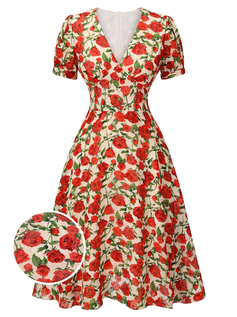 Robe trapèze rose à col en V des années 1940 rouge 3