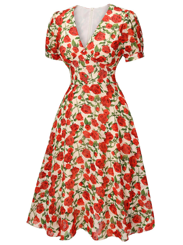 Robe trapèze rose à col en V des années 1940 rouge