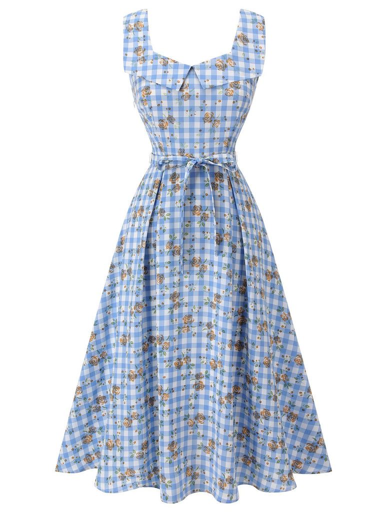 Robe bleue à lacets à carreaux roses des années 1940 Chic