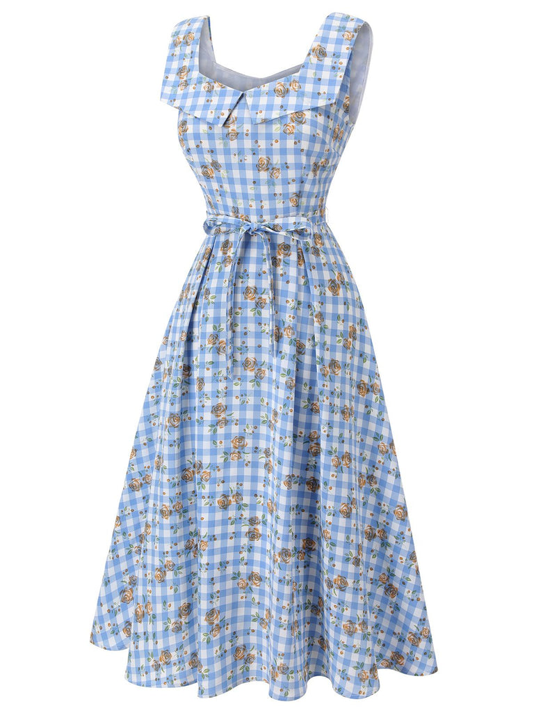 Robe bleue à lacets à carreaux roses des années 1940 Chic