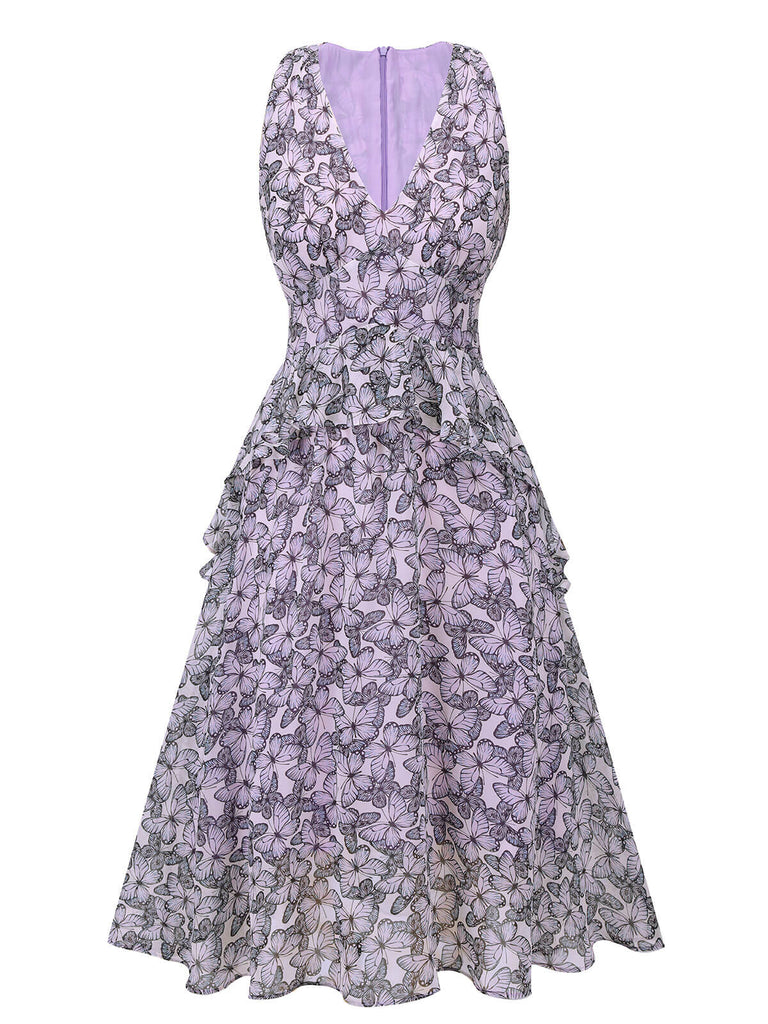 Robe sans manches papillon violette années 1930 à col en V