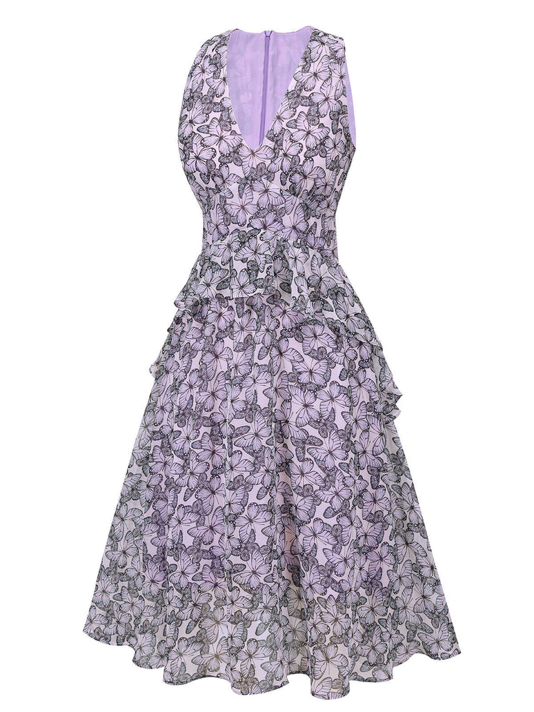 Robe sans manches papillon violette années 1930 à col en V