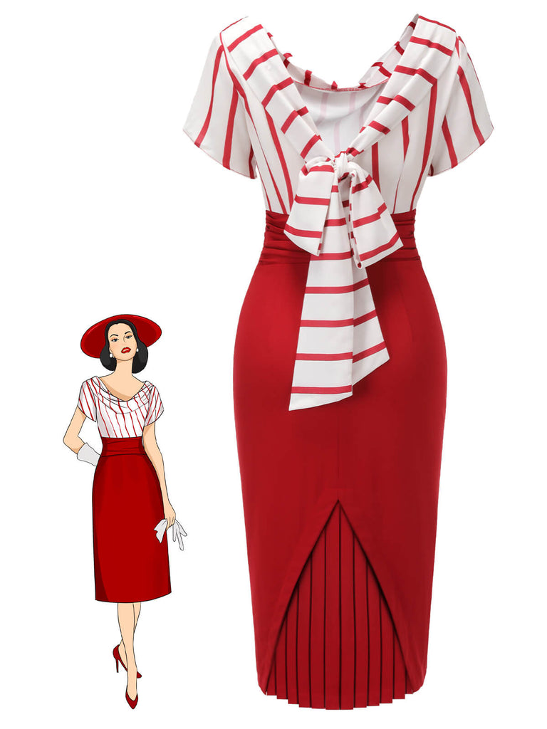 Robe crayon patchwork à rayures rouges années 1950