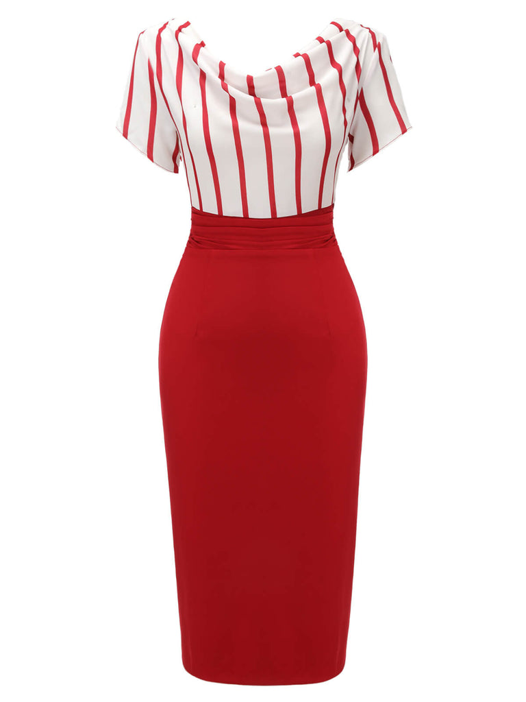Robe crayon patchwork à rayures rouges années 1950