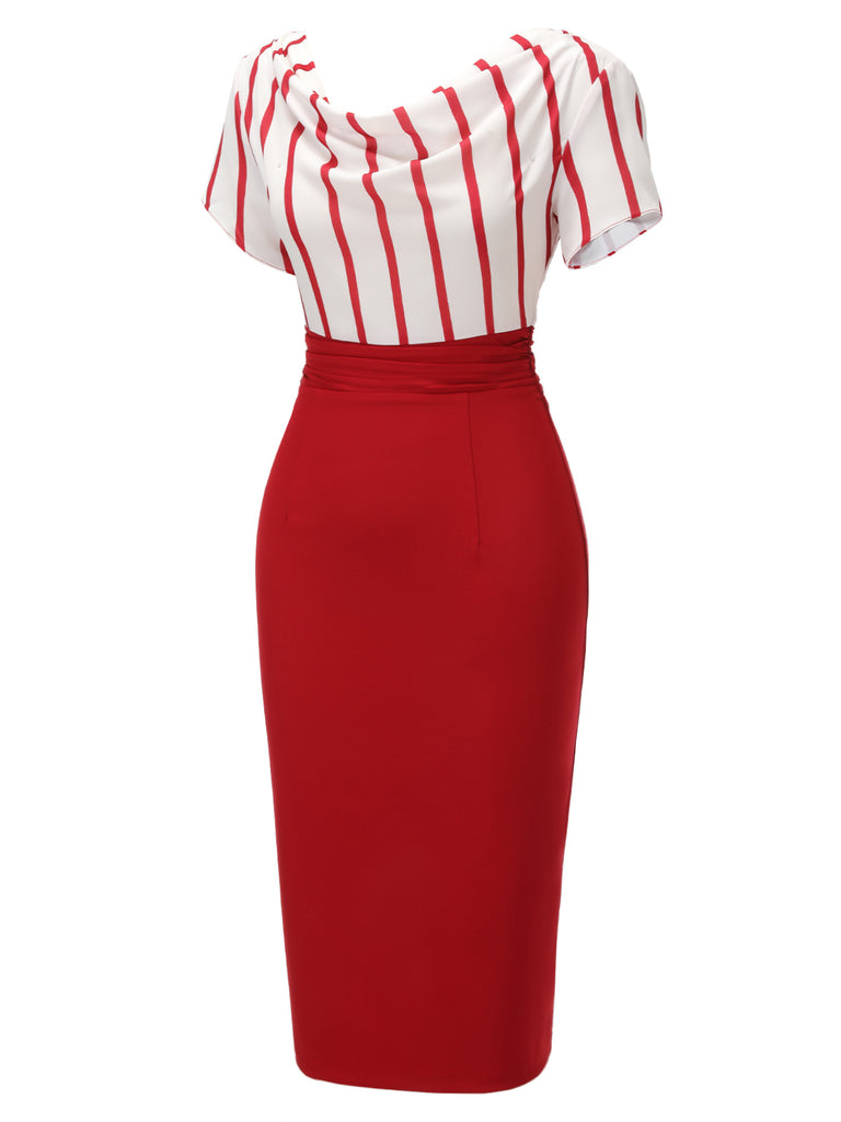 Robe crayon patchwork à rayures rouges années 1950