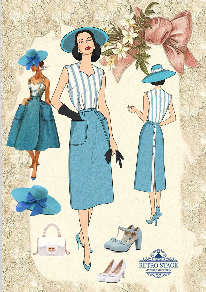 Robe à poches patchwork à rayures bleues des années 1950