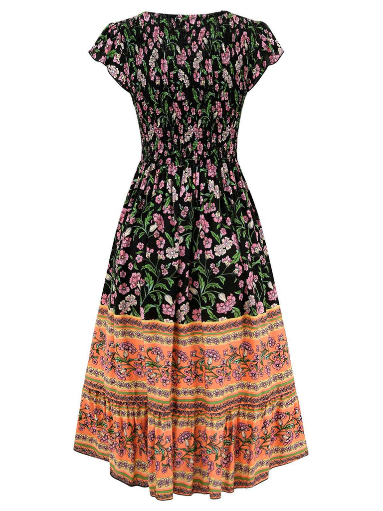 Robe bohème à imprimé floral manches à volants des années 1970