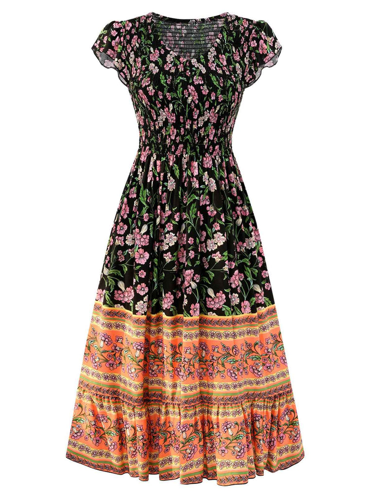 Robe bohème à imprimé floral manches à volants des années 1970