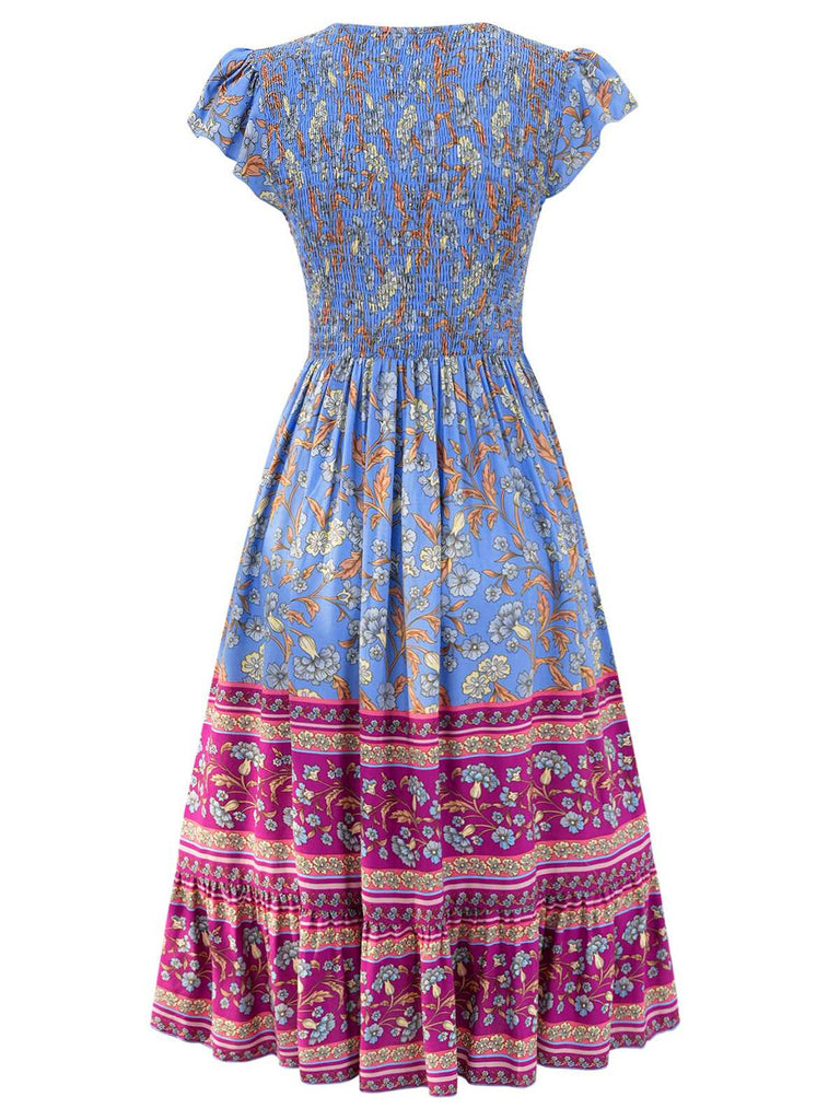 Robe bohème à imprimé floral manches à volants des années 1970