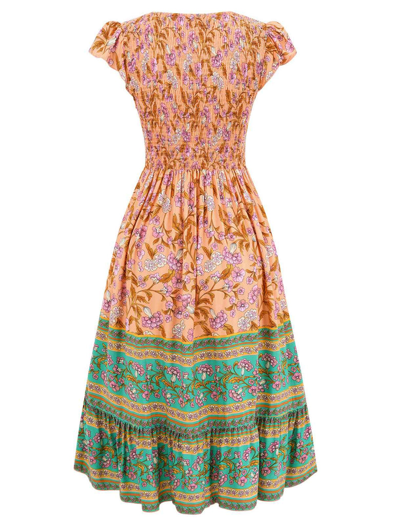 Robe bohème à imprimé floral manches à volants des années 1970