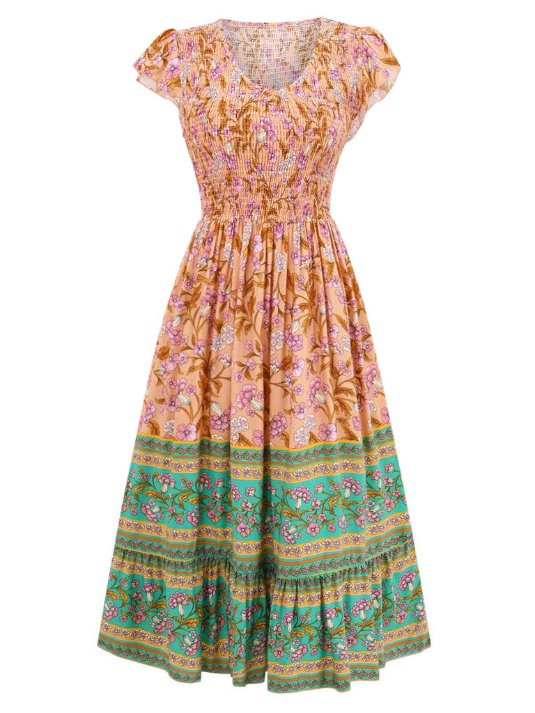 Robe bohème à imprimé floral manches à volants des années 1970