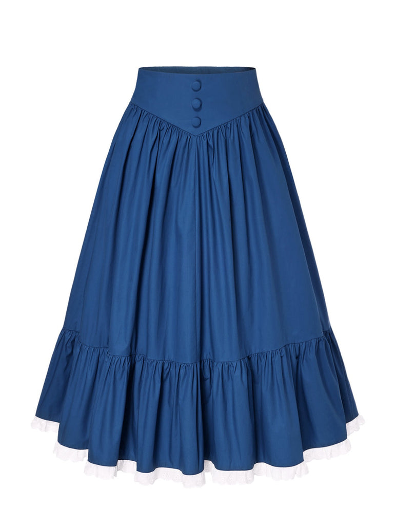Jupe plissée en coton bleu des années 1940 avec ourlet en dentelle