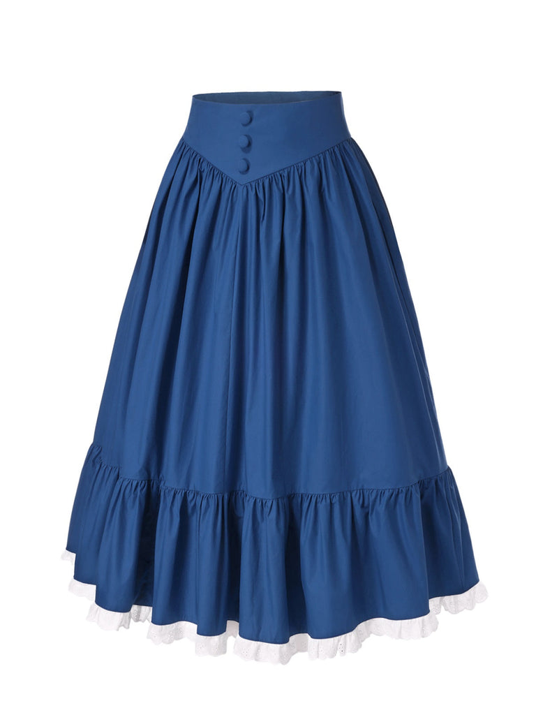 Jupe plissée en coton bleu des années 1940 avec ourlet en dentelle