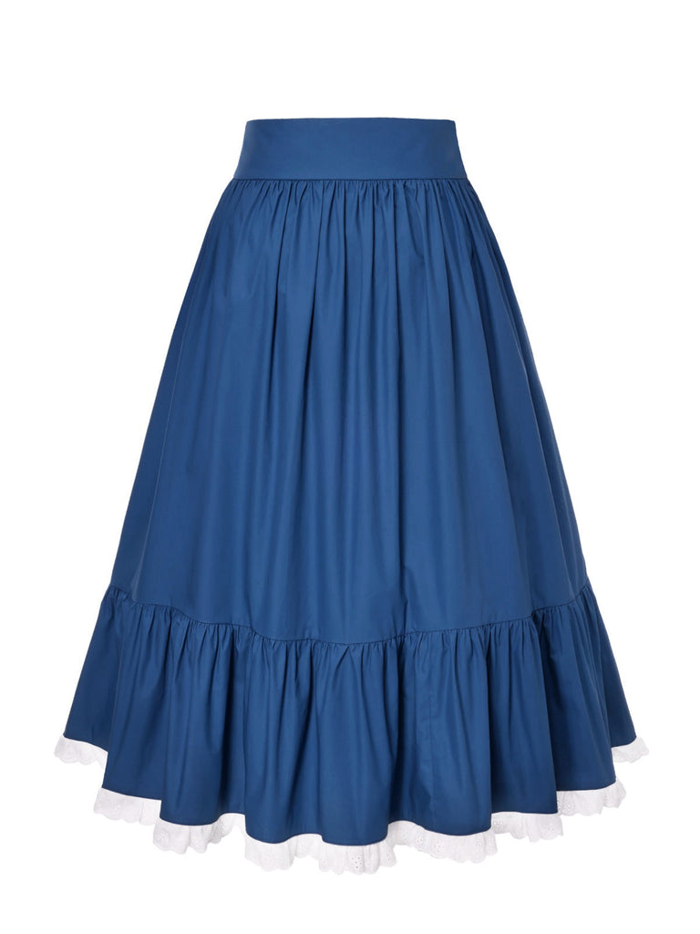 Jupe plissée en coton bleu des années 1940 avec ourlet en dentelle