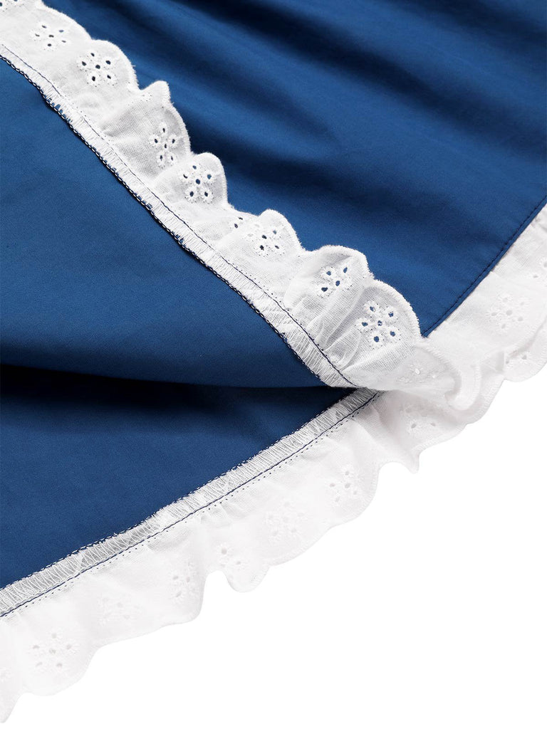 Jupe plissée en coton bleu des années 1940 avec ourlet en dentelle