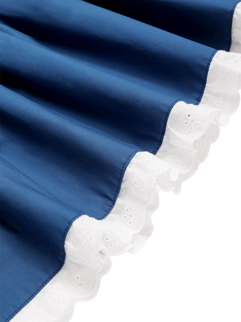 Jupe plissée en coton bleu des années 1940 avec ourlet en dentelle