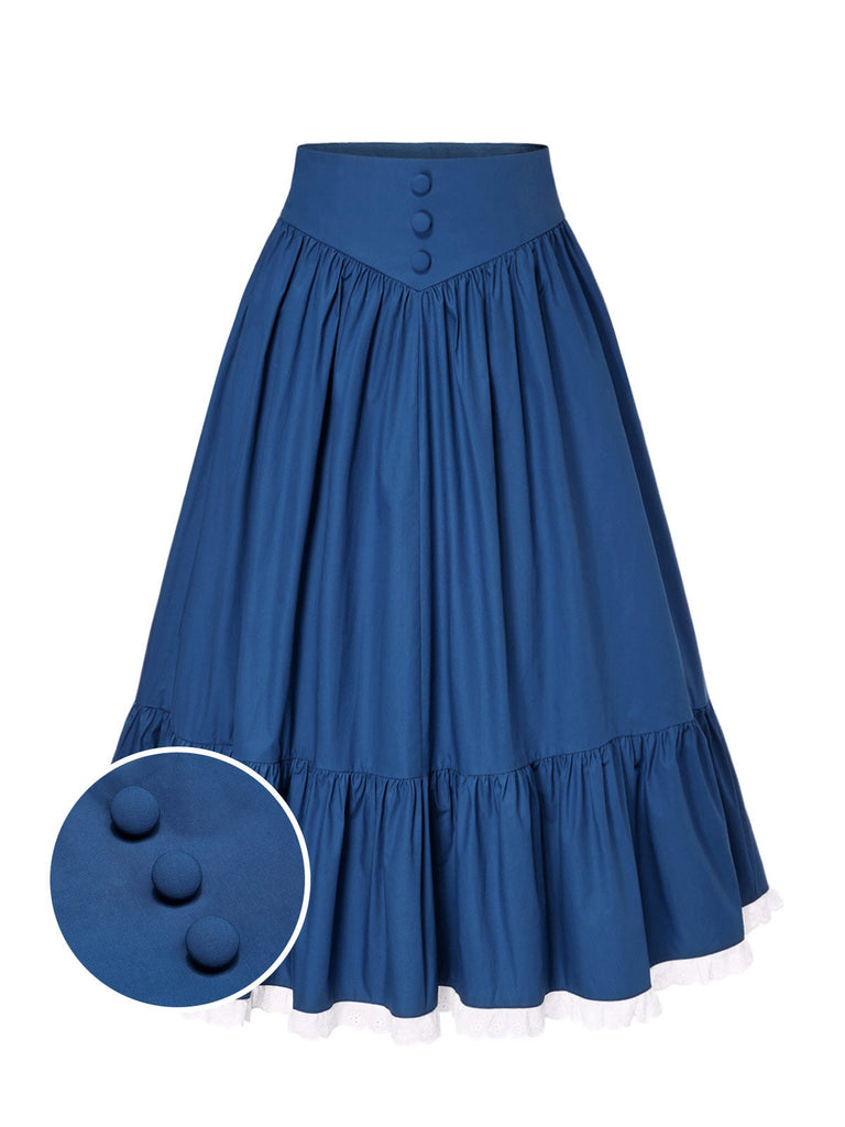 Jupe plissée en coton bleu des années 1940 avec ourlet en dentelle