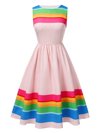 Robe à rayures arc-en-ciel multicolores des années 1950