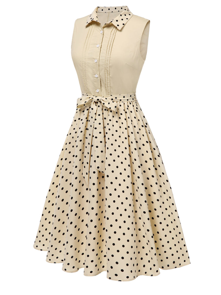 [Pré-vente] Robe chemise patchwork à pois en coton beige des années 1950